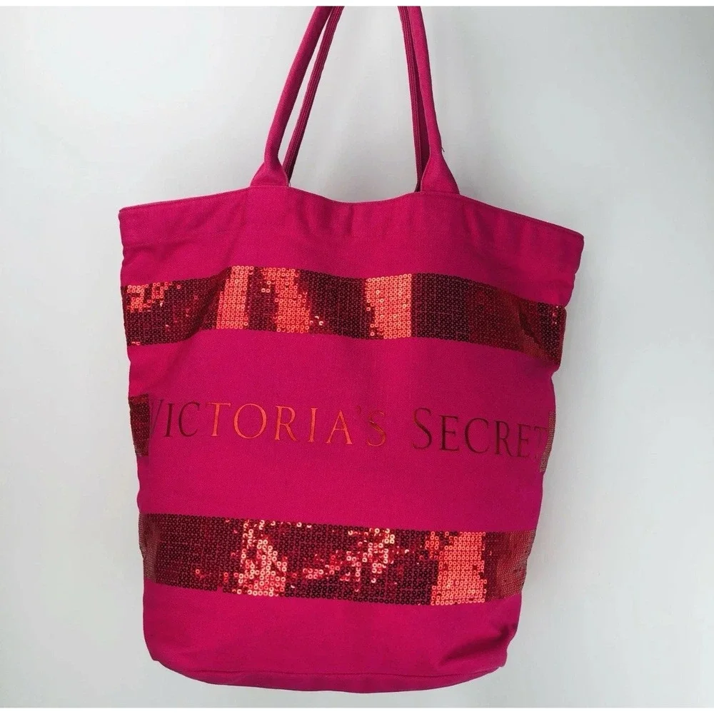 Victoria Secret Extra Large Beach Hot Pink Sequin Town Tote Bag Overnight